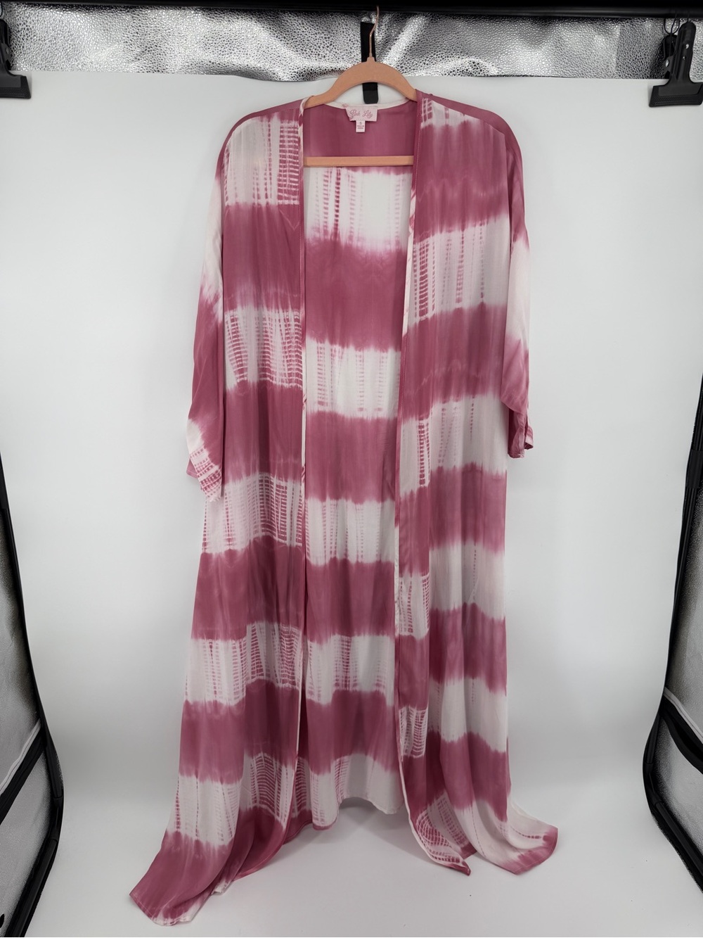 Pink Lily Tie Dye Maxi Kimono Mauve White Long Flowy Beach Coastal Festival SzS